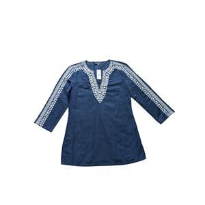 NWT Brooks Brothers 346 Embroidered Tunic Top Women S Blue Linen Coastal Grandma